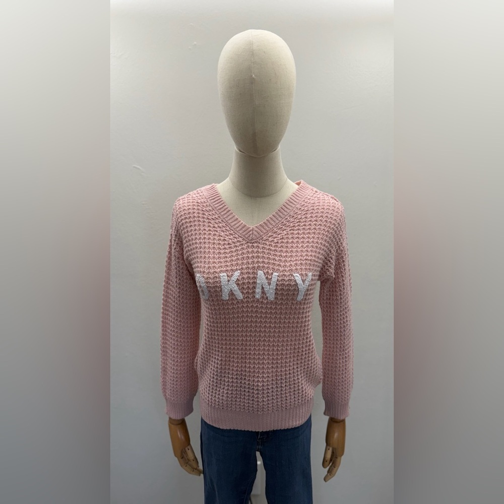 DKNY Pink Knit Sweater V-Neck Logo Sequin Front Open Back Detail Size S